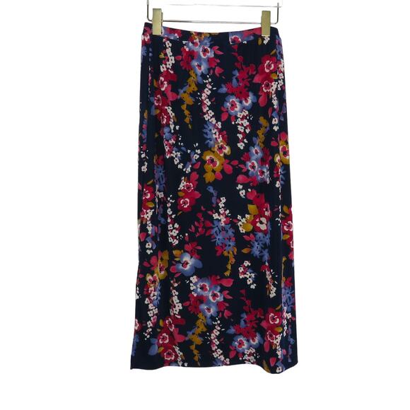 90s Vintage Jaclyn Smith Blue Floral High Rise A-Line Side Slit Maxi Skirt Small - Picture 4 of 7